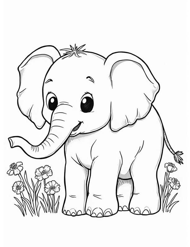 baby elephant playing in the garden coloring page